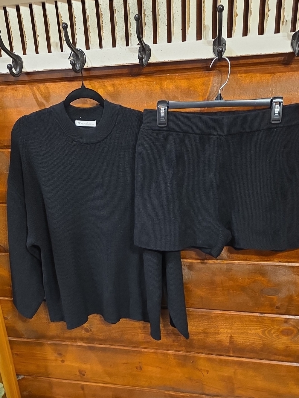 Zenana Black Ribbed Knit Sweater and Shorts Set, Medium Or Large.